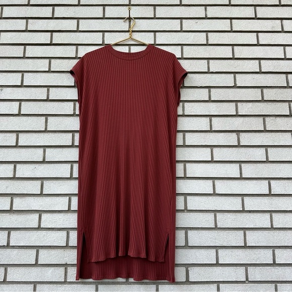 Eileen Fisher Textured Stretch Rib Round Neck Dress Boxy Terracotta Knee Length - Picture 3 of 9